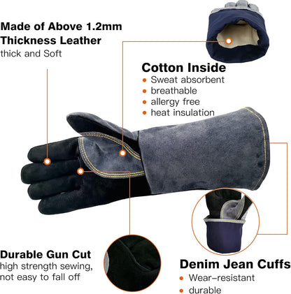 16 In,932℉,Welding Gloves,Fireplace Glove,Fire & Heat Resistant,L | Mitt for BBQ,Oven,Grill,Tig,Mig,Baking,Furnace,Stove,Pot Holder,Animal Handling Glove, Forge,etc.Leather,Large,Black-gray