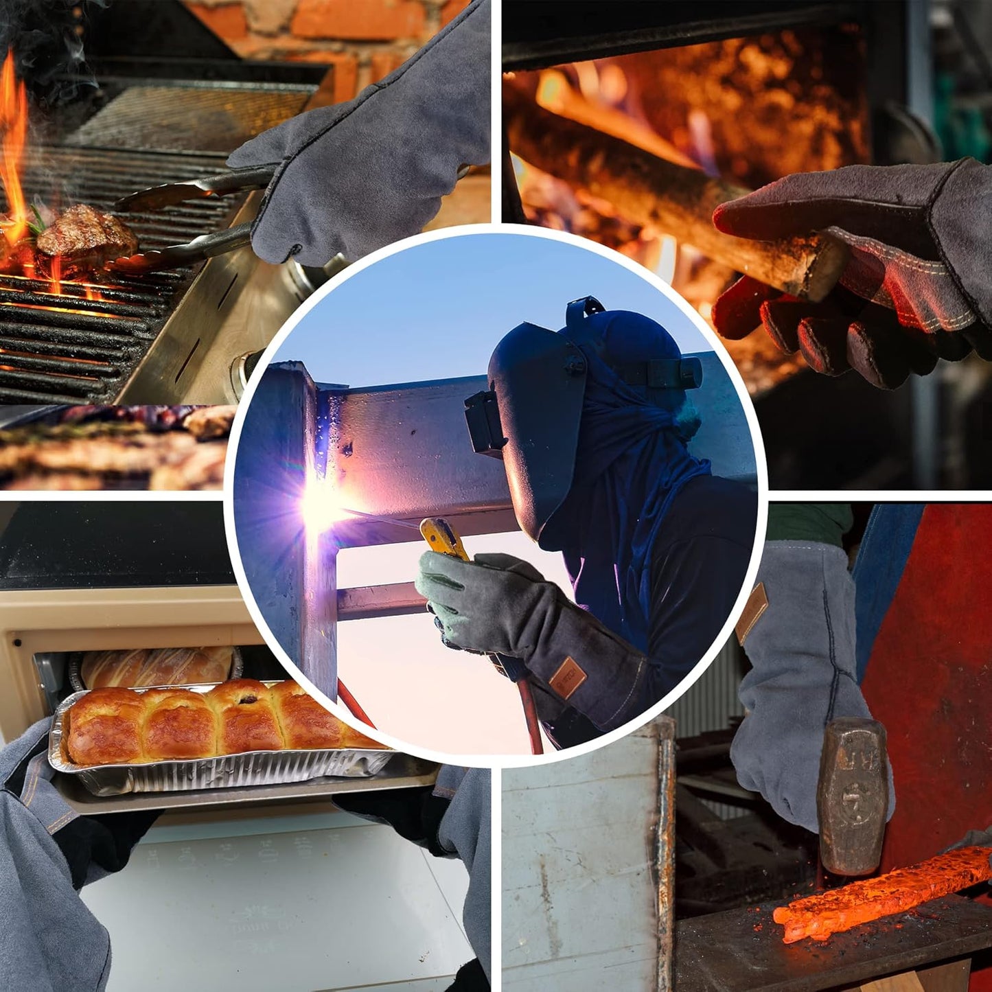 16 In,932℉,Welding Gloves,Fireplace Glove,Fire & Heat Resistant,L | Mitt for BBQ,Oven,Grill,Tig,Mig,Baking,Furnace,Stove,Pot Holder,Animal Handling Glove, Forge,etc.Leather,Large,Black-gray