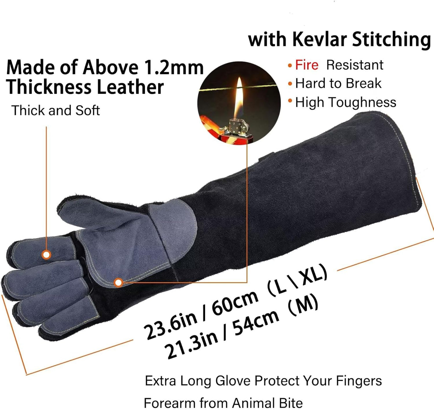 16 In,932℉,Welding Gloves,Fireplace Glove,Fire & Heat Resistant,L | Mitt for BBQ,Oven,Grill,Tig,Mig,Baking,Furnace,Stove,Pot Holder,Animal Handling Glove, Forge,etc.Leather,Large,Black-gray