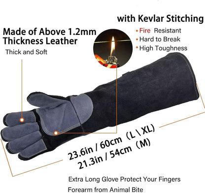 16 In,932℉,Welding Gloves,Fireplace Glove,Fire & Heat Resistant,L | Mitt for BBQ,Oven,Grill,Tig,Mig,Baking,Furnace,Stove,Pot Holder,Animal Handling Glove, Forge,etc.Leather,Large,Black-gray
