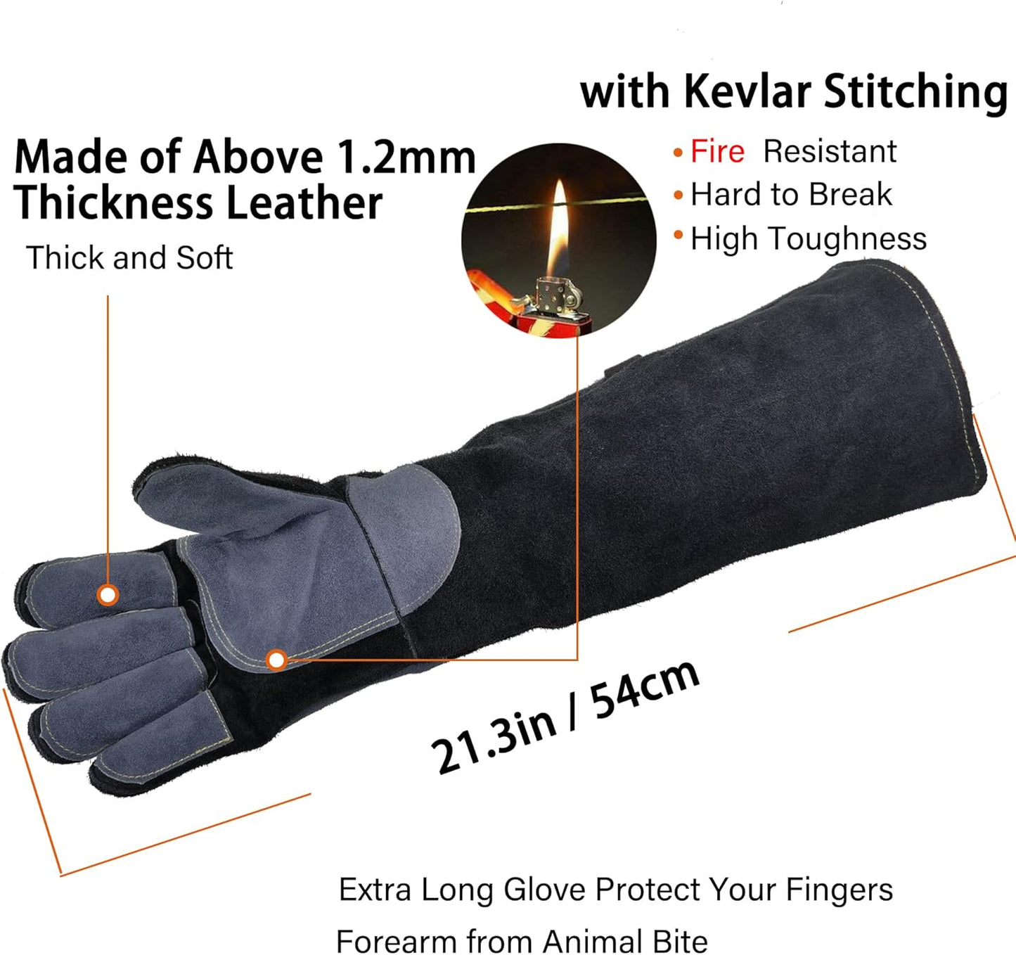 16 In,932℉,Welding Gloves,Fireplace Glove,Fire & Heat Resistant,L | Mitt for BBQ,Oven,Grill,Tig,Mig,Baking,Furnace,Stove,Pot Holder,Animal Handling Glove, Forge,etc.Leather,Large,Black-gray