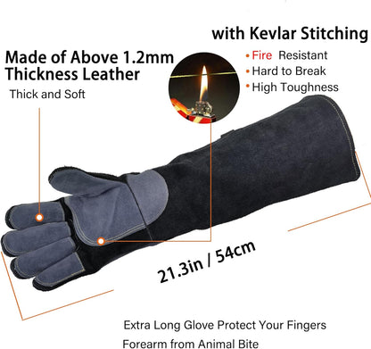 16 In,932℉,Welding Gloves,Fireplace Glove,Fire & Heat Resistant,L | Mitt for BBQ,Oven,Grill,Tig,Mig,Baking,Furnace,Stove,Pot Holder,Animal Handling Glove, Forge,etc.Leather,Large,Black-gray