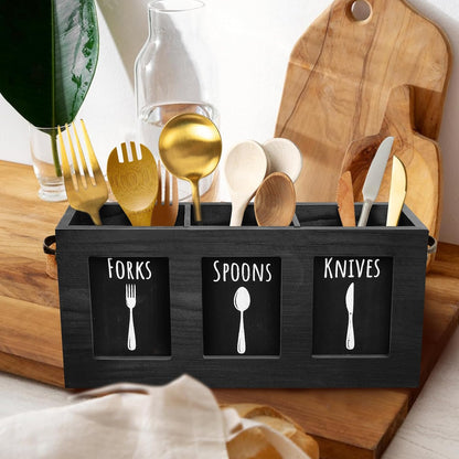 Wood Flatware Organizer, Rustic Utensil & Silverware Holder for Forks, Spoons, Knives, Farmhouse Kitchen Cutlery Caddy Bin Countertop - Black