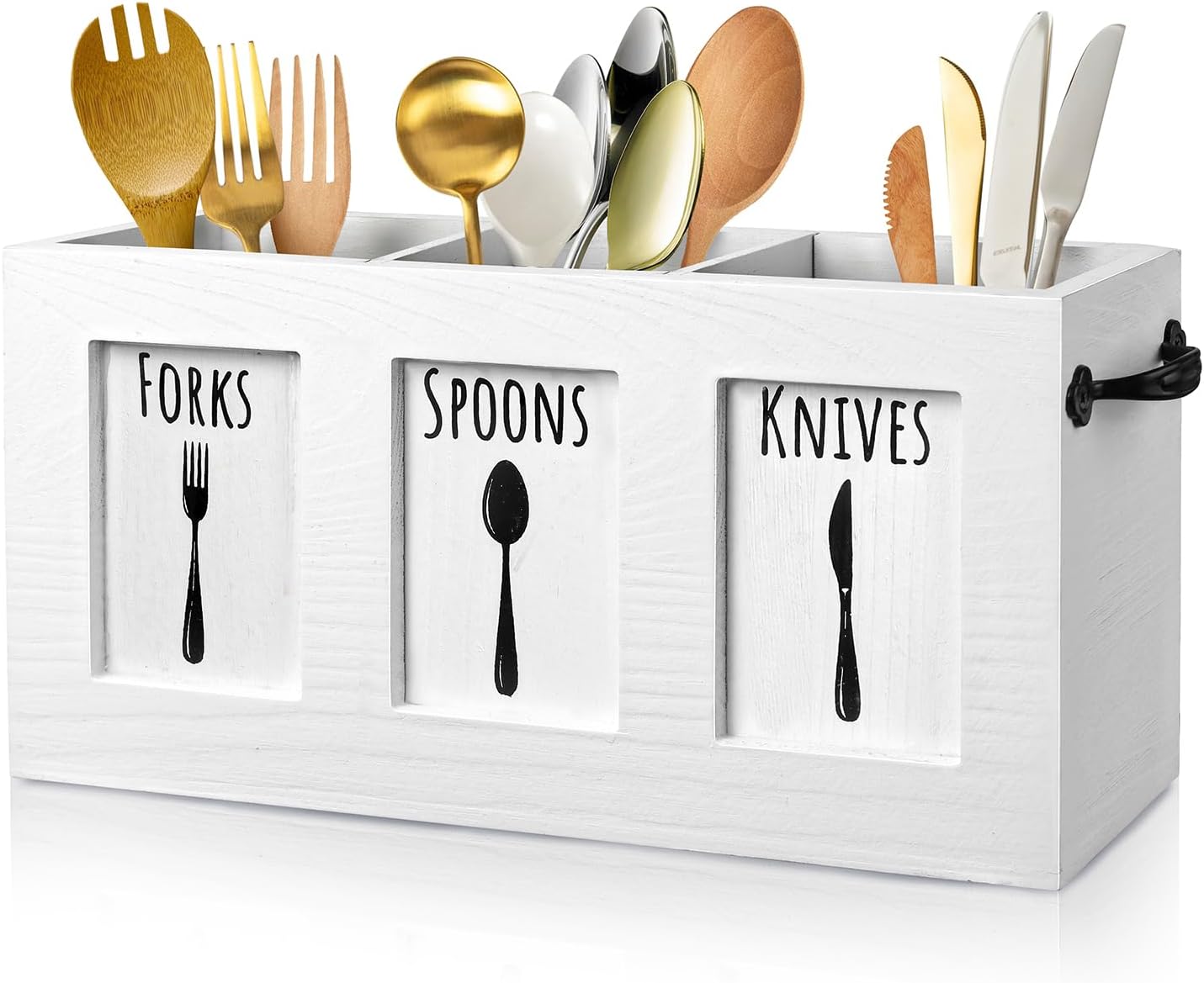 Wood Flatware Organizer, Rustic Utensil & Silverware Holder for Forks, Spoons, Knives, Farmhouse Kitchen Cutlery Caddy Bin Countertop - Black