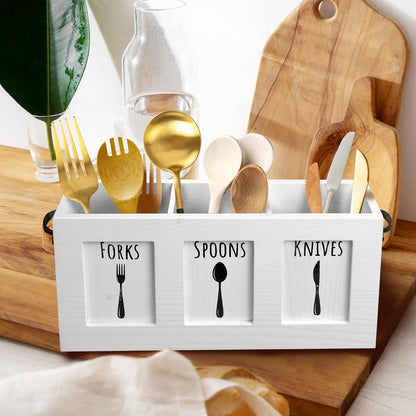 Wood Flatware Organizer, Rustic Utensil & Silverware Holder for Forks, Spoons, Knives, Farmhouse Kitchen Cutlery Caddy Bin Countertop - Black