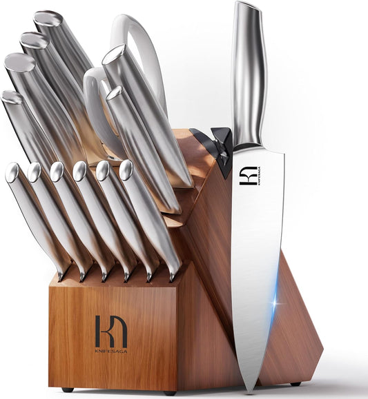 KnifeSaga Kitchen Knife Set Premium Japanese High Carbon Stainless Steel Knife Block Sets with Built-in Sharpener, Razor Sharp Knives Set for Kitchen, Quality Wood Block Knife Set, 14 Pcs, Brown