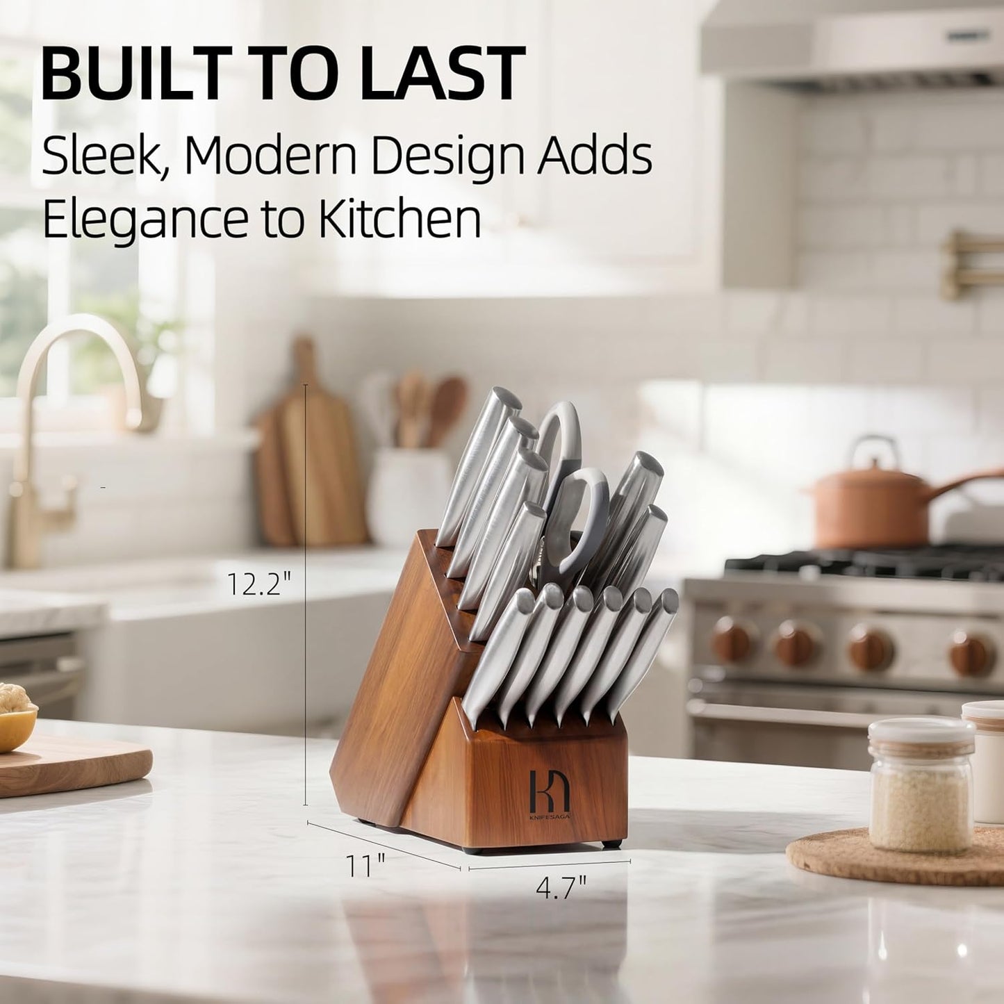 KnifeSaga Kitchen Knife Set Premium Japanese High Carbon Stainless Steel Knife Block Sets with Built-in Sharpener, Razor Sharp Knives Set for Kitchen, Quality Wood Block Knife Set, 14 Pcs, Brown