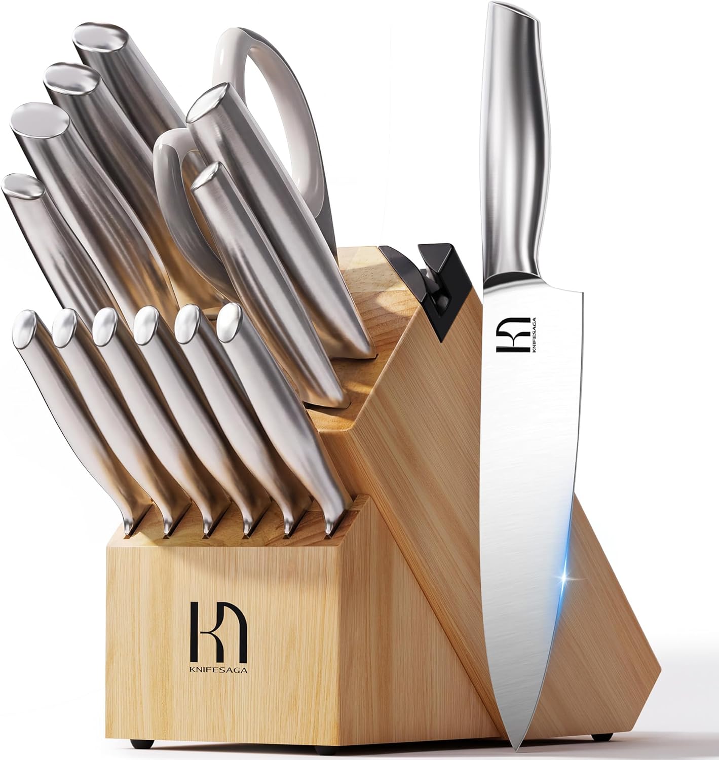 KnifeSaga Kitchen Knife Set Premium Japanese High Carbon Stainless Steel Knife Block Sets with Built-in Sharpener, Razor Sharp Knives Set for Kitchen, Quality Wood Block Knife Set, 14 Pcs, Brown