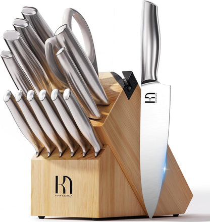 KnifeSaga Kitchen Knife Set Premium Japanese High Carbon Stainless Steel Knife Block Sets with Built-in Sharpener, Razor Sharp Knives Set for Kitchen, Quality Wood Block Knife Set, 14 Pcs, Brown