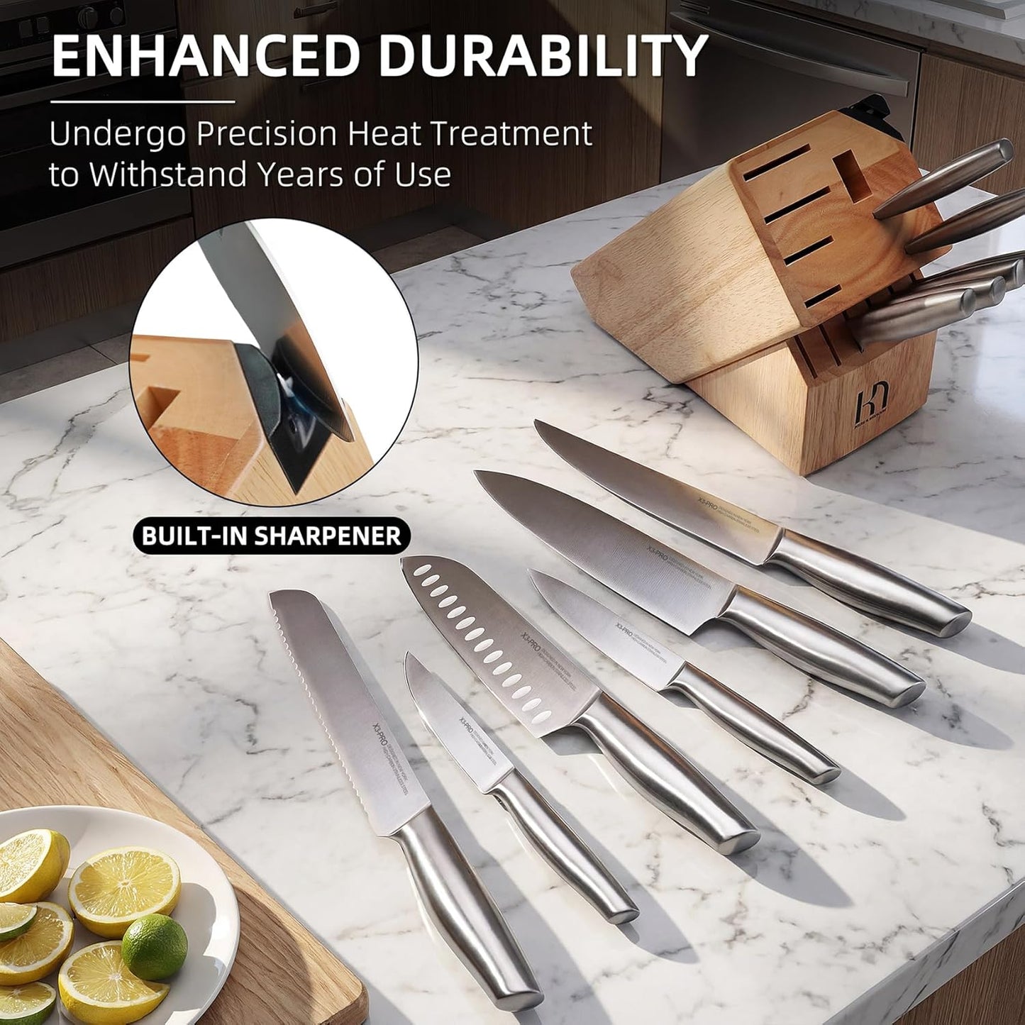 KnifeSaga Kitchen Knife Set Premium Japanese High Carbon Stainless Steel Knife Block Sets with Built-in Sharpener, Razor Sharp Knives Set for Kitchen, Quality Wood Block Knife Set, 14 Pcs, Brown