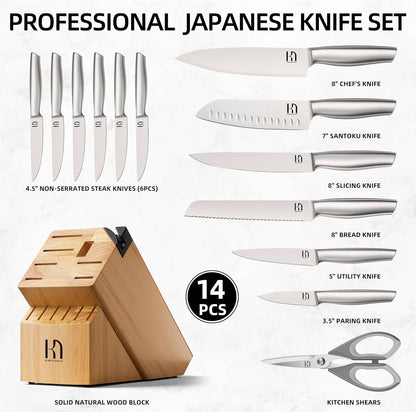 KnifeSaga Kitchen Knife Set Premium Japanese High Carbon Stainless Steel Knife Block Sets with Built-in Sharpener, Razor Sharp Knives Set for Kitchen, Quality Wood Block Knife Set, 14 Pcs, Brown