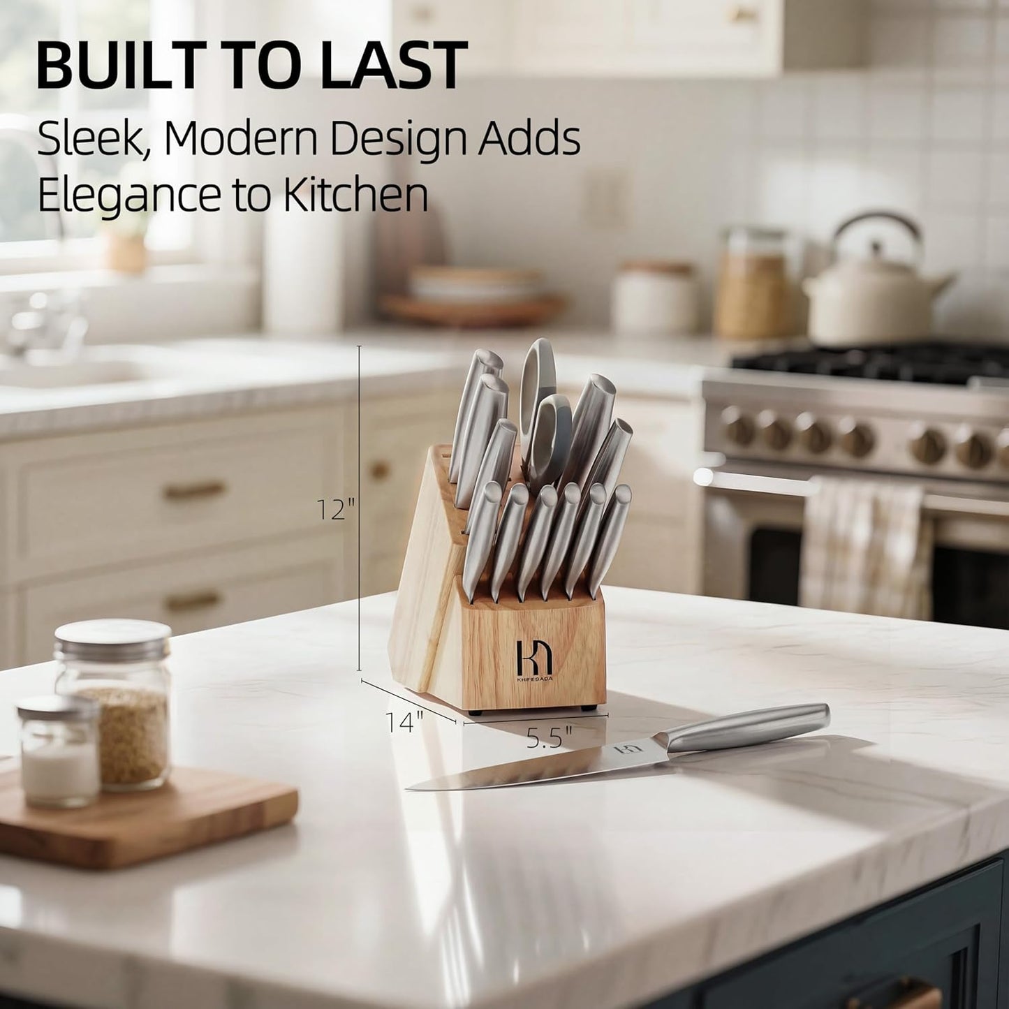 KnifeSaga Kitchen Knife Set Premium Japanese High Carbon Stainless Steel Knife Block Sets with Built-in Sharpener, Razor Sharp Knives Set for Kitchen, Quality Wood Block Knife Set, 14 Pcs, Brown