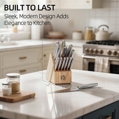 KnifeSaga Kitchen Knife Set Premium Japanese High Carbon Stainless Steel Knife Block Sets with Built-in Sharpener, Razor Sharp Knives Set for Kitchen, Quality Wood Block Knife Set, 14 Pcs, Brown