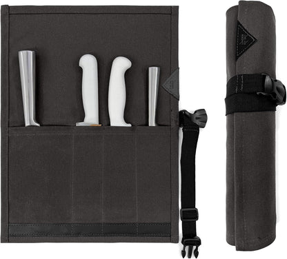 Knife Roll Case, Leather Support, Waxed Canvas, 4 Slots, Gray | Heavy Duty Waxed Canvas Pouch, Leather Support, Portable Bag for Cooking Tools, Utensils, Cutlery Knives, BBQ, Travel, Gift