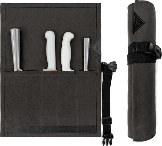 Knife Roll Case, Leather Support, Waxed Canvas, 4 Slots, Gray | Heavy Duty Waxed Canvas Pouch, Leather Support, Portable Bag for Cooking Tools, Utensils, Cutlery Knives, BBQ, Travel, Gift