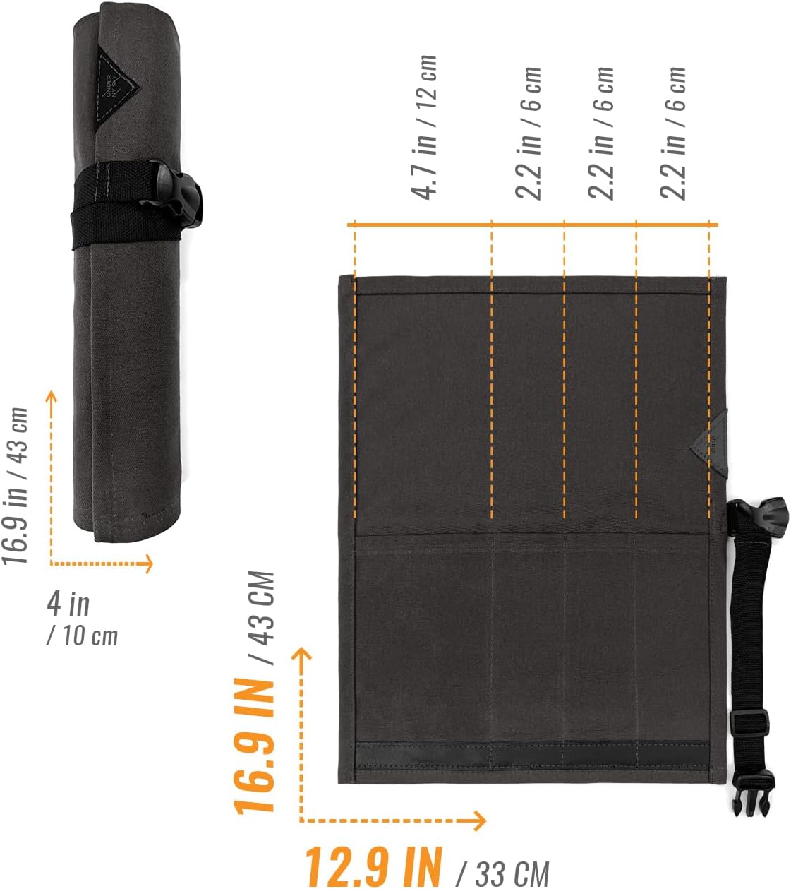 Knife Roll Case, Leather Support, Waxed Canvas, 4 Slots, Gray | Heavy Duty Waxed Canvas Pouch, Leather Support, Portable Bag for Cooking Tools, Utensils, Cutlery Knives, BBQ, Travel, Gift
