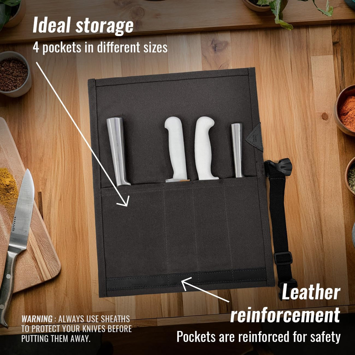 Knife Roll Case, Leather Support, Waxed Canvas, 4 Slots, Gray | Heavy Duty Waxed Canvas Pouch, Leather Support, Portable Bag for Cooking Tools, Utensils, Cutlery Knives, BBQ, Travel, Gift