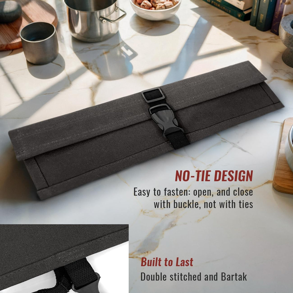 Knife Roll Case, Leather Support, Waxed Canvas, 4 Slots, Gray | Heavy Duty Waxed Canvas Pouch, Leather Support, Portable Bag for Cooking Tools, Utensils, Cutlery Knives, BBQ, Travel, Gift
