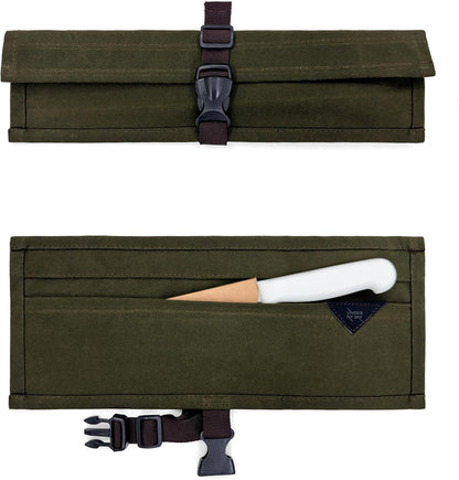 Knife Roll Case, Leather Support, Waxed Canvas, 4 Slots, Gray | Heavy Duty Waxed Canvas Pouch, Leather Support, Portable Bag for Cooking Tools, Utensils, Cutlery Knives, BBQ, Travel, Gift