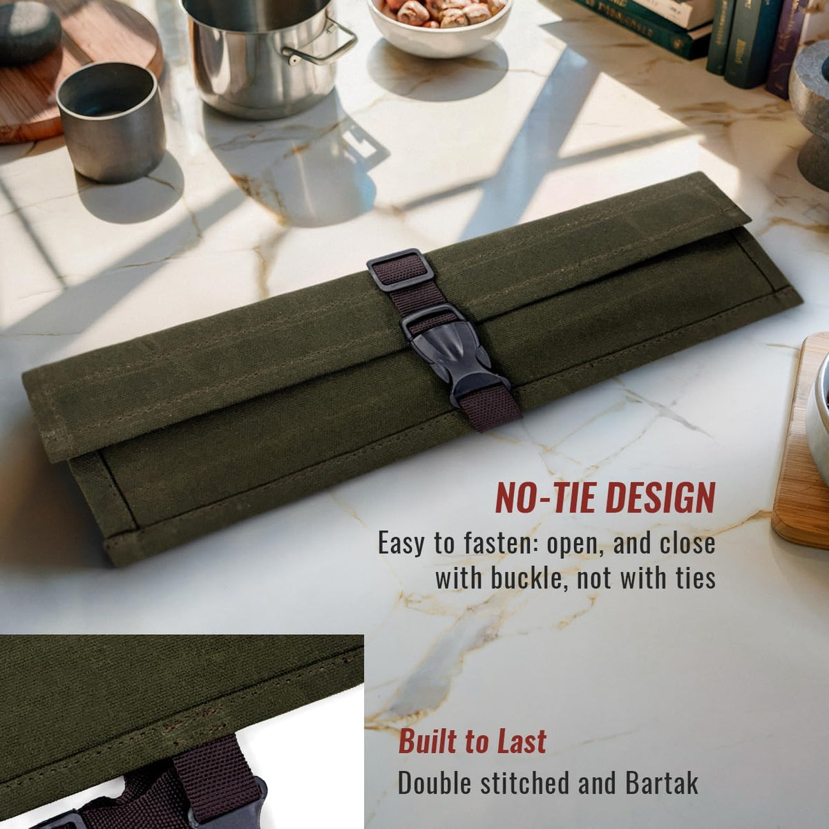Knife Roll Case, Leather Support, Waxed Canvas, 4 Slots, Gray | Heavy Duty Waxed Canvas Pouch, Leather Support, Portable Bag for Cooking Tools, Utensils, Cutlery Knives, BBQ, Travel, Gift