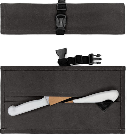 Knife Roll Case, Leather Support, Waxed Canvas, 4 Slots, Gray | Heavy Duty Waxed Canvas Pouch, Leather Support, Portable Bag for Cooking Tools, Utensils, Cutlery Knives, BBQ, Travel, Gift