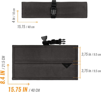 Knife Roll Case, Leather Support, Waxed Canvas, 4 Slots, Gray | Heavy Duty Waxed Canvas Pouch, Leather Support, Portable Bag for Cooking Tools, Utensils, Cutlery Knives, BBQ, Travel, Gift
