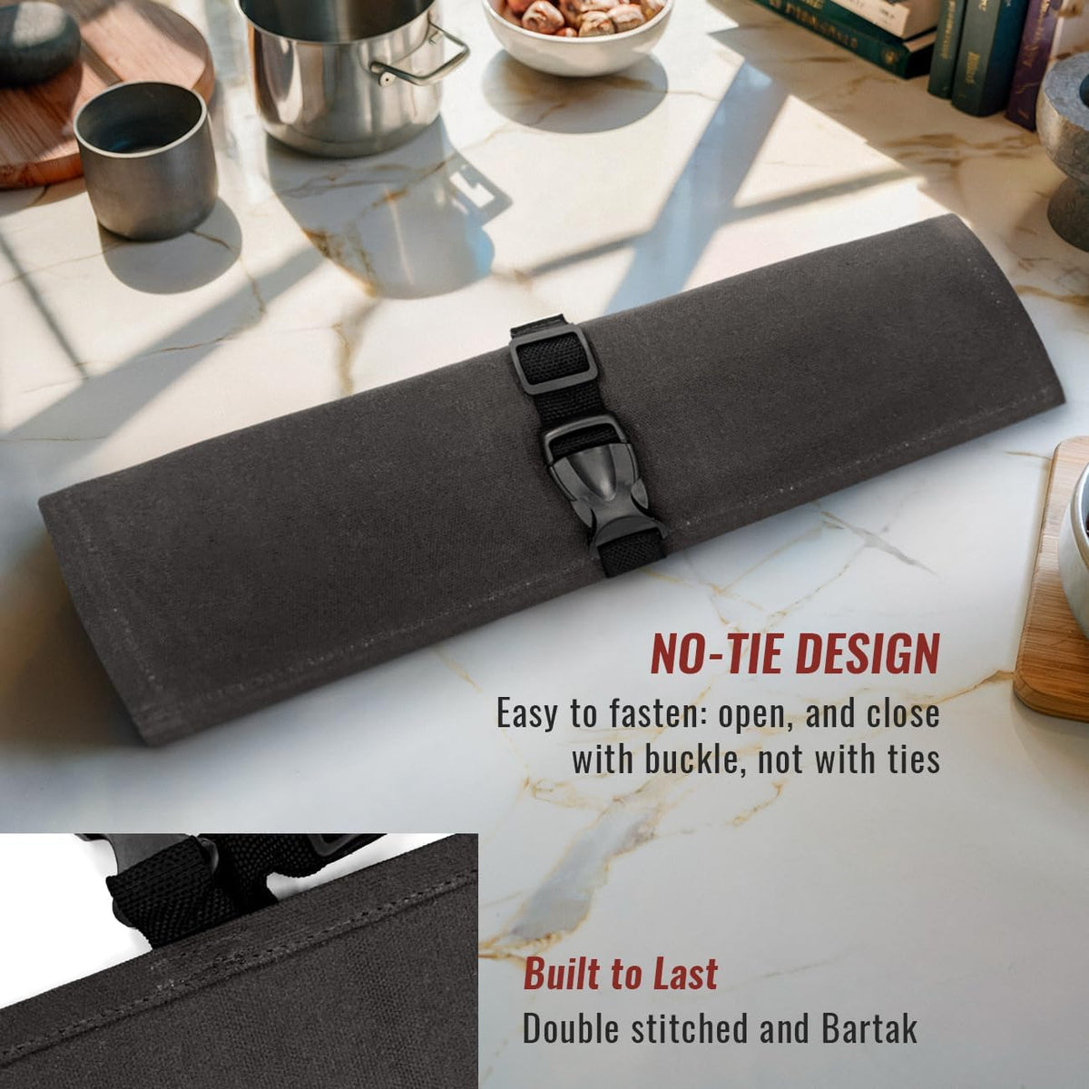 Knife Roll Case, Leather Support, Waxed Canvas, 4 Slots, Gray | Heavy Duty Waxed Canvas Pouch, Leather Support, Portable Bag for Cooking Tools, Utensils, Cutlery Knives, BBQ, Travel, Gift
