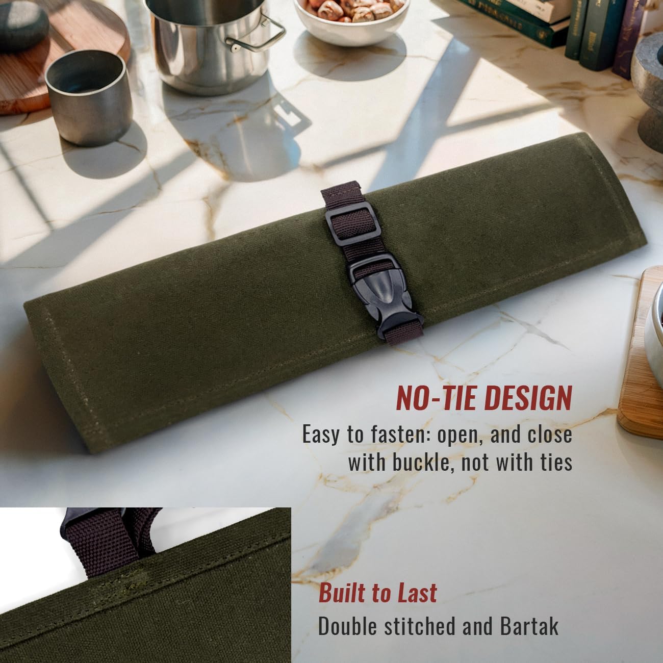 Knife Roll Case, Leather Support, Waxed Canvas, 4 Slots, Gray | Heavy Duty Waxed Canvas Pouch, Leather Support, Portable Bag for Cooking Tools, Utensils, Cutlery Knives, BBQ, Travel, Gift