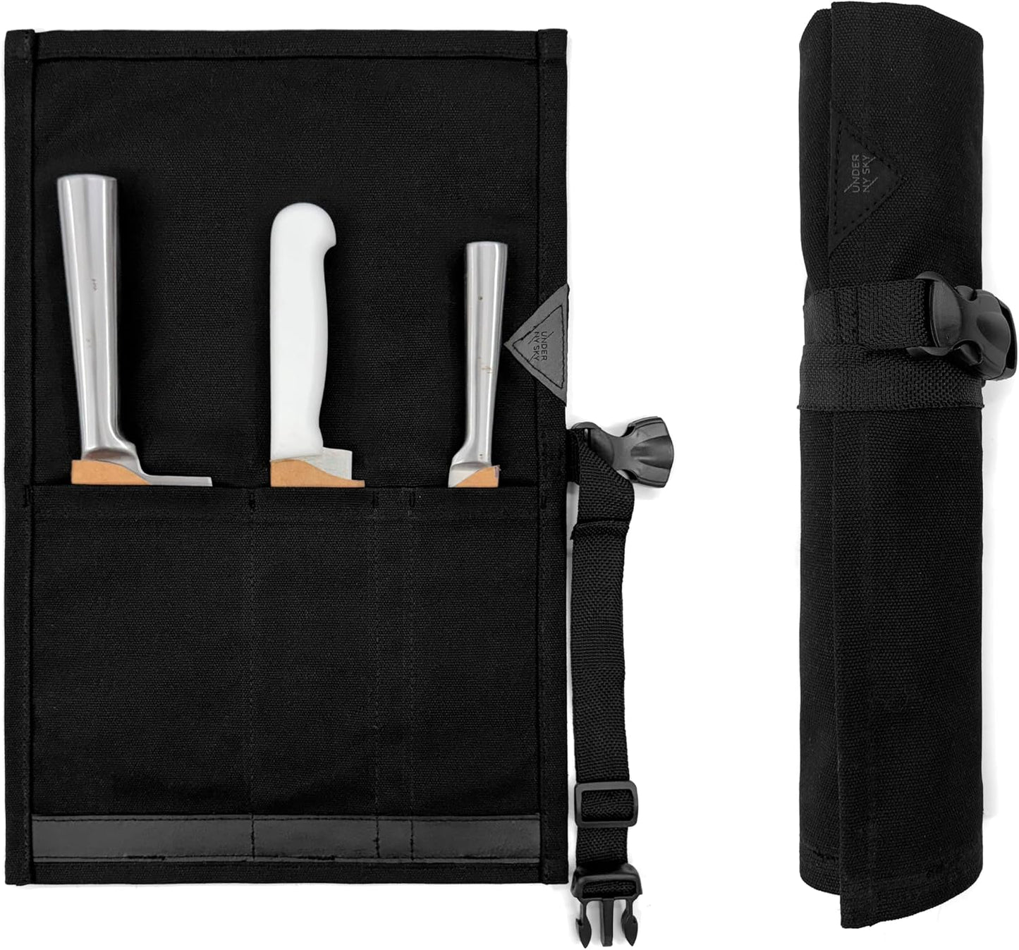 Knife Roll Case, Leather Support, Waxed Canvas, 4 Slots, Gray | Heavy Duty Waxed Canvas Pouch, Leather Support, Portable Bag for Cooking Tools, Utensils, Cutlery Knives, BBQ, Travel, Gift