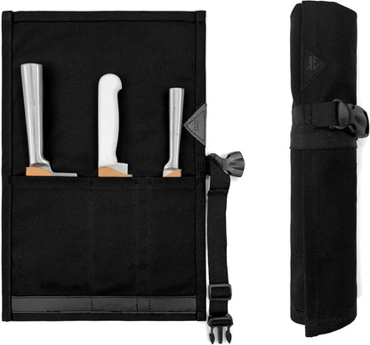 Knife Roll Case, Leather Support, Waxed Canvas, 4 Slots, Gray | Heavy Duty Waxed Canvas Pouch, Leather Support, Portable Bag for Cooking Tools, Utensils, Cutlery Knives, BBQ, Travel, Gift