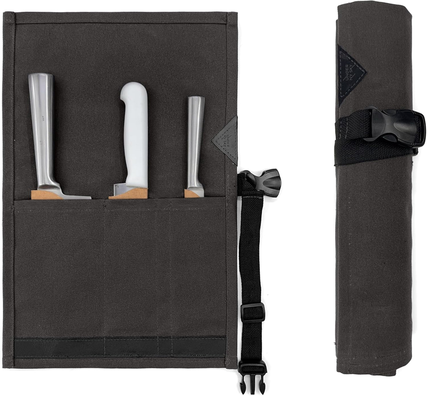 Knife Roll Case, Leather Support, Waxed Canvas, 4 Slots, Gray | Heavy Duty Waxed Canvas Pouch, Leather Support, Portable Bag for Cooking Tools, Utensils, Cutlery Knives, BBQ, Travel, Gift