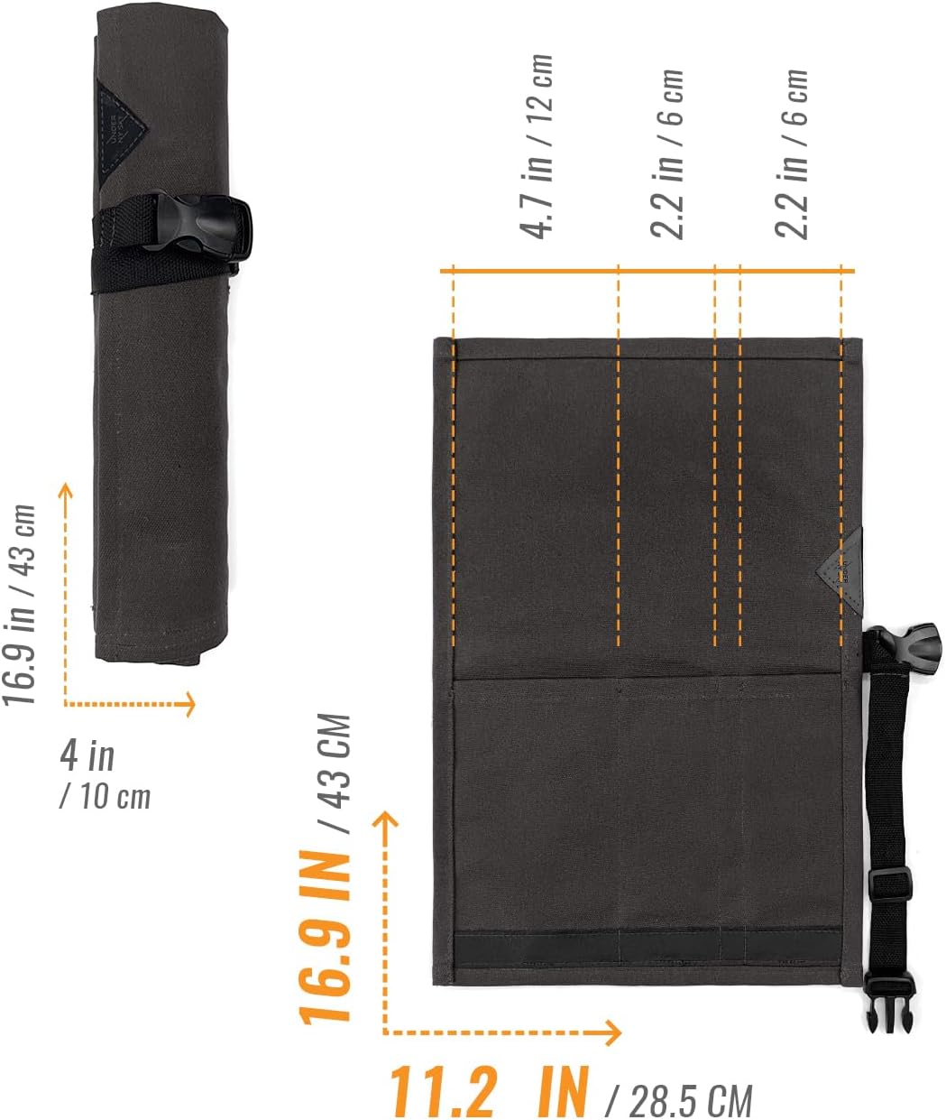 Knife Roll Case, Leather Support, Waxed Canvas, 4 Slots, Gray | Heavy Duty Waxed Canvas Pouch, Leather Support, Portable Bag for Cooking Tools, Utensils, Cutlery Knives, BBQ, Travel, Gift