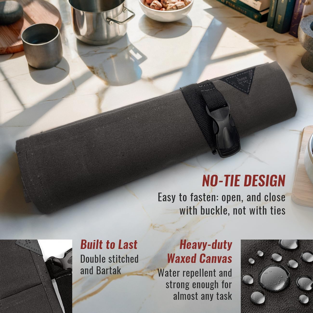 Knife Roll Case, Leather Support, Waxed Canvas, 4 Slots, Gray | Heavy Duty Waxed Canvas Pouch, Leather Support, Portable Bag for Cooking Tools, Utensils, Cutlery Knives, BBQ, Travel, Gift
