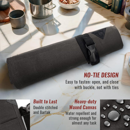 Knife Roll Case, Leather Support, Waxed Canvas, 4 Slots, Gray | Heavy Duty Waxed Canvas Pouch, Leather Support, Portable Bag for Cooking Tools, Utensils, Cutlery Knives, BBQ, Travel, Gift