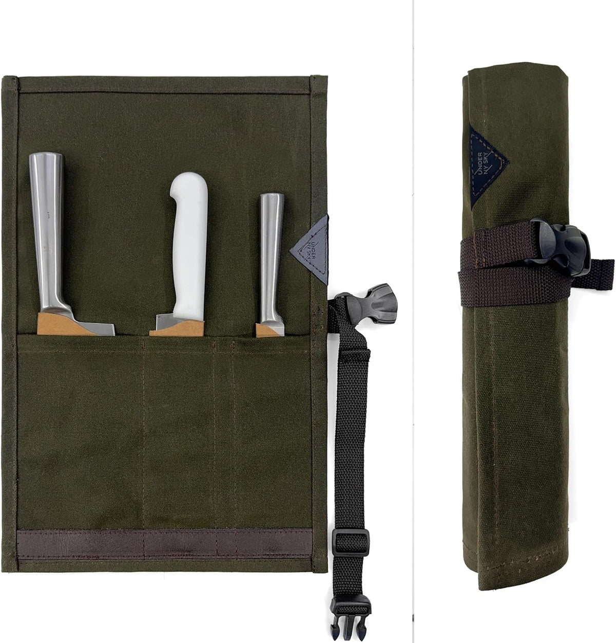 Knife Roll Case, Leather Support, Waxed Canvas, 4 Slots, Gray | Heavy Duty Waxed Canvas Pouch, Leather Support, Portable Bag for Cooking Tools, Utensils, Cutlery Knives, BBQ, Travel, Gift