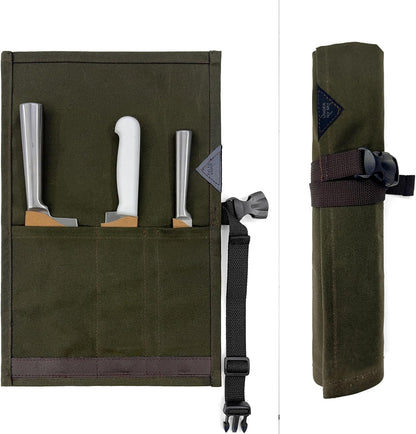 Knife Roll Case, Leather Support, Waxed Canvas, 4 Slots, Gray | Heavy Duty Waxed Canvas Pouch, Leather Support, Portable Bag for Cooking Tools, Utensils, Cutlery Knives, BBQ, Travel, Gift