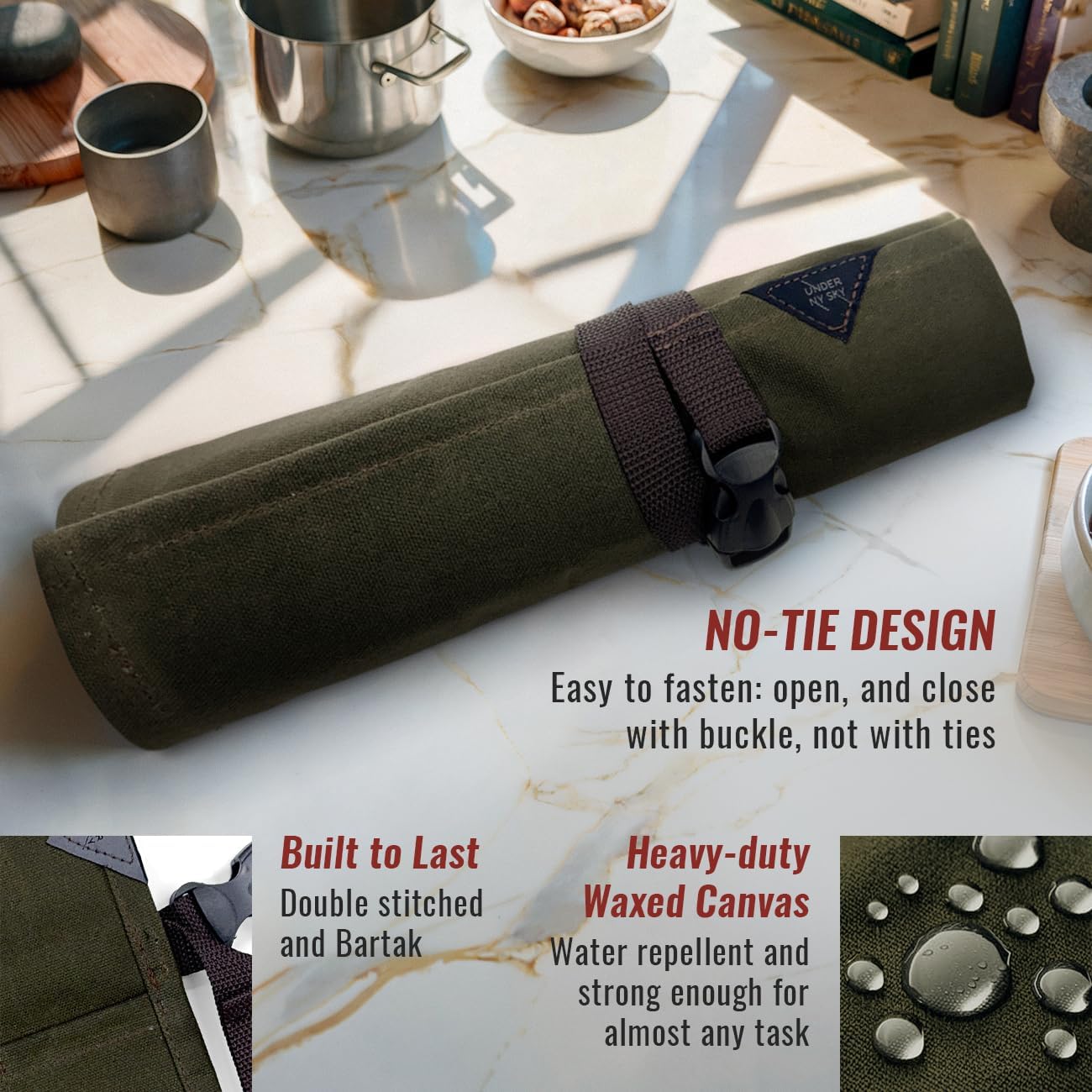 Knife Roll Case, Leather Support, Waxed Canvas, 4 Slots, Gray | Heavy Duty Waxed Canvas Pouch, Leather Support, Portable Bag for Cooking Tools, Utensils, Cutlery Knives, BBQ, Travel, Gift