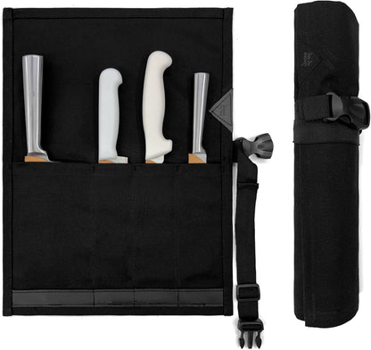 Knife Roll Case, Leather Support, Waxed Canvas, 4 Slots, Gray | Heavy Duty Waxed Canvas Pouch, Leather Support, Portable Bag for Cooking Tools, Utensils, Cutlery Knives, BBQ, Travel, Gift