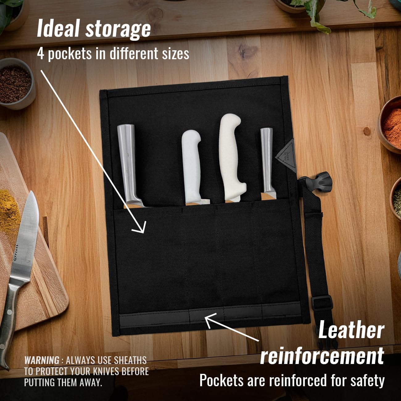 Knife Roll Case, Leather Support, Waxed Canvas, 4 Slots, Gray | Heavy Duty Waxed Canvas Pouch, Leather Support, Portable Bag for Cooking Tools, Utensils, Cutlery Knives, BBQ, Travel, Gift