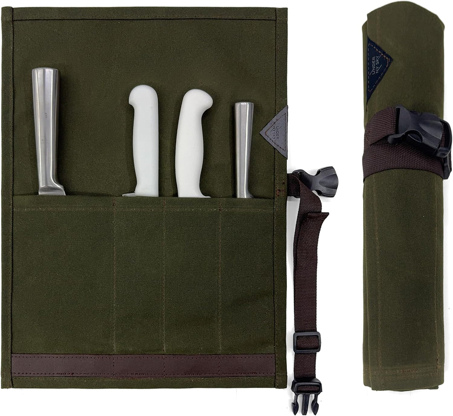 Knife Roll Case, Leather Support, Waxed Canvas, 4 Slots, Gray | Heavy Duty Waxed Canvas Pouch, Leather Support, Portable Bag for Cooking Tools, Utensils, Cutlery Knives, BBQ, Travel, Gift