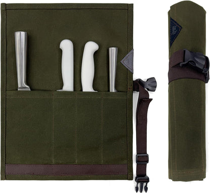 Knife Roll Case, Leather Support, Waxed Canvas, 4 Slots, Gray | Heavy Duty Waxed Canvas Pouch, Leather Support, Portable Bag for Cooking Tools, Utensils, Cutlery Knives, BBQ, Travel, Gift
