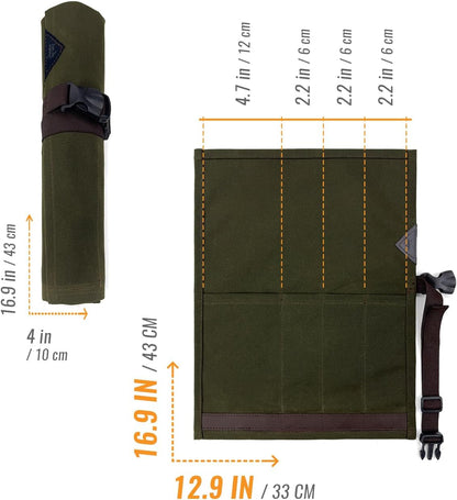 Knife Roll Case, Leather Support, Waxed Canvas, 4 Slots, Gray | Heavy Duty Waxed Canvas Pouch, Leather Support, Portable Bag for Cooking Tools, Utensils, Cutlery Knives, BBQ, Travel, Gift