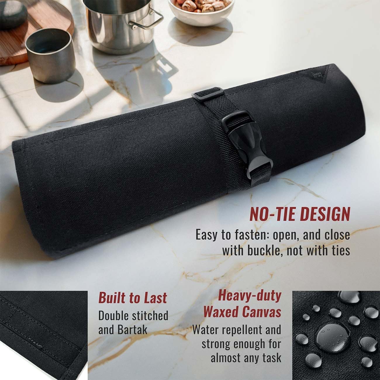Knife Roll Case, Leather Support, Waxed Canvas, 4 Slots, Gray | Heavy Duty Waxed Canvas Pouch, Leather Support, Portable Bag for Cooking Tools, Utensils, Cutlery Knives, BBQ, Travel, Gift