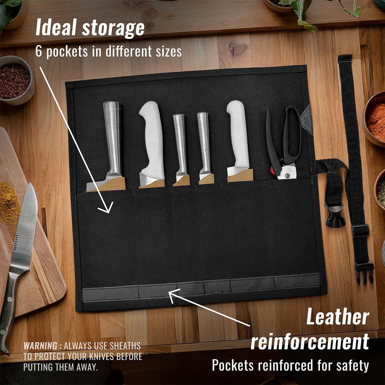 Knife Roll Case, Leather Support, Waxed Canvas, 4 Slots, Gray | Heavy Duty Waxed Canvas Pouch, Leather Support, Portable Bag for Cooking Tools, Utensils, Cutlery Knives, BBQ, Travel, Gift