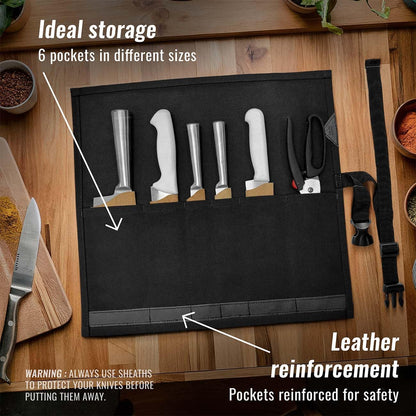 Knife Roll Case, Leather Support, Waxed Canvas, 4 Slots, Gray | Heavy Duty Waxed Canvas Pouch, Leather Support, Portable Bag for Cooking Tools, Utensils, Cutlery Knives, BBQ, Travel, Gift