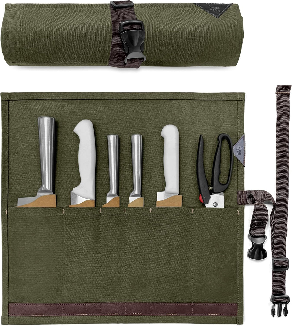 Knife Roll Case, Leather Support, Waxed Canvas, 4 Slots, Gray | Heavy Duty Waxed Canvas Pouch, Leather Support, Portable Bag for Cooking Tools, Utensils, Cutlery Knives, BBQ, Travel, Gift