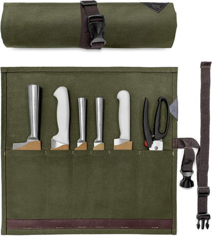 Knife Roll Case, Leather Support, Waxed Canvas, 4 Slots, Gray | Heavy Duty Waxed Canvas Pouch, Leather Support, Portable Bag for Cooking Tools, Utensils, Cutlery Knives, BBQ, Travel, Gift