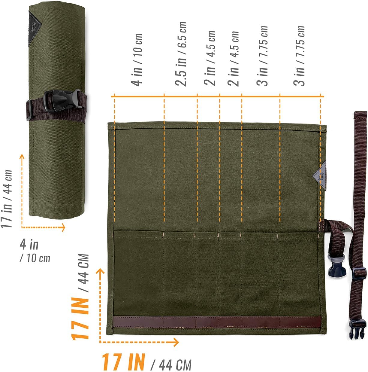 Knife Roll Case, Leather Support, Waxed Canvas, 4 Slots, Gray | Heavy Duty Waxed Canvas Pouch, Leather Support, Portable Bag for Cooking Tools, Utensils, Cutlery Knives, BBQ, Travel, Gift