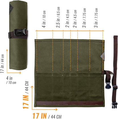 Knife Roll Case, Leather Support, Waxed Canvas, 4 Slots, Gray | Heavy Duty Waxed Canvas Pouch, Leather Support, Portable Bag for Cooking Tools, Utensils, Cutlery Knives, BBQ, Travel, Gift