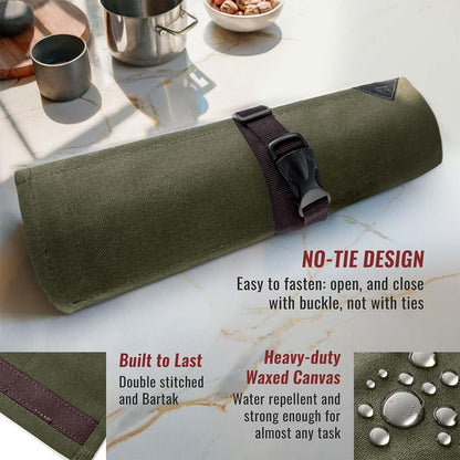 Knife Roll Case, Leather Support, Waxed Canvas, 4 Slots, Gray | Heavy Duty Waxed Canvas Pouch, Leather Support, Portable Bag for Cooking Tools, Utensils, Cutlery Knives, BBQ, Travel, Gift